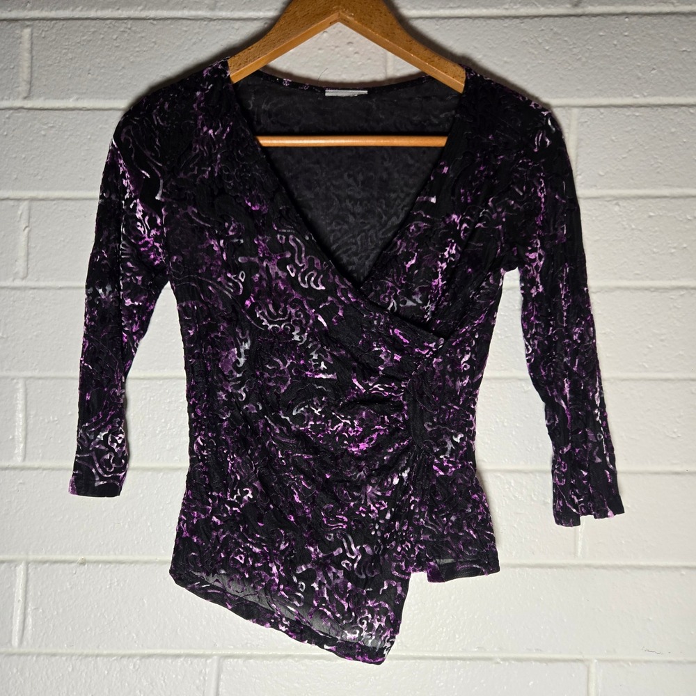 Vtg Velvet Burnout Faux Wrap Top Medium Whimsigoth Dark Fairy Witchy Sheer